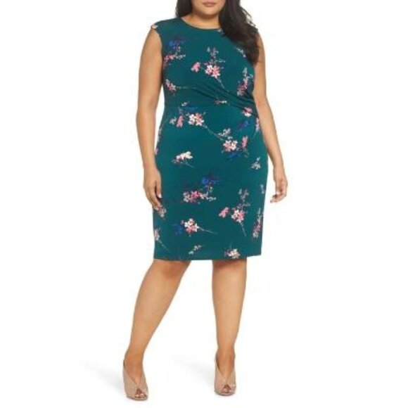 Eliza J Womens Green Floral Cap Sleeve Knit Sheath Dress Plus Sz 24W New - Picture 1 of 11